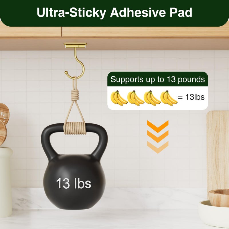Josmimic Under Cabinet Banana Hook Adhesive - Sticky Banana Hanger Under Counter, Sturdy Metal Banana Holder for Hanging Bananas or Kitchen Utensil, Banana Saver, Keeps Bananas Fresh, Gold - Image 2
